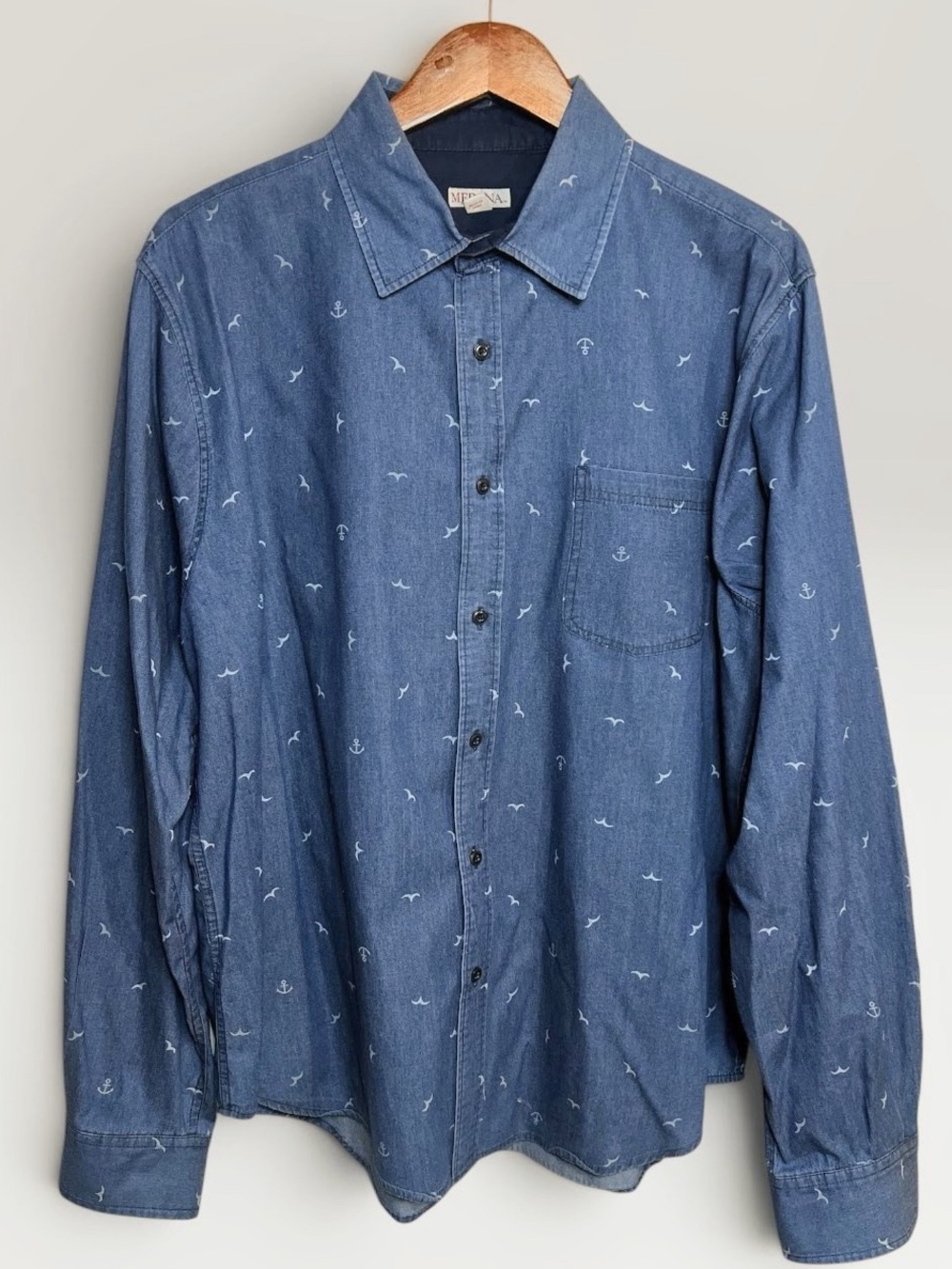 Men's Chambray Anchor Seagull Print Button-Up Shirt - Blue XL